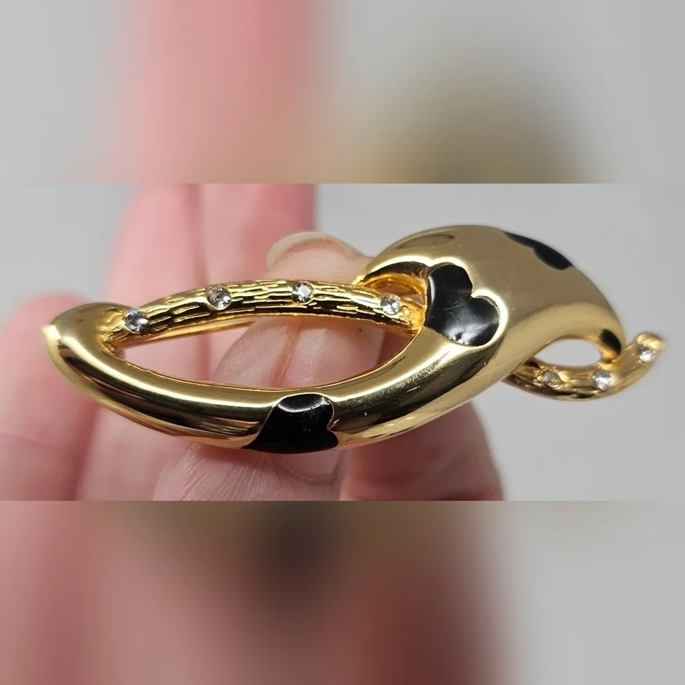 Gold Tone Black Enamel Heart Inlay Brooch With Rhinestones 2-1/4